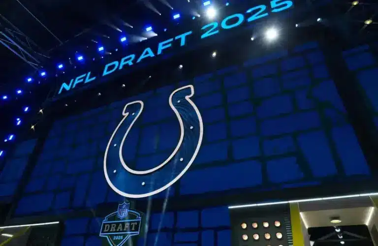 Indianapolis Colts logo is projected on the video board during the NFL Draft