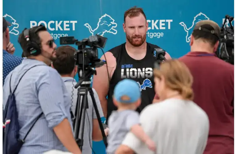 Lions Frank Ragnow talks to the media