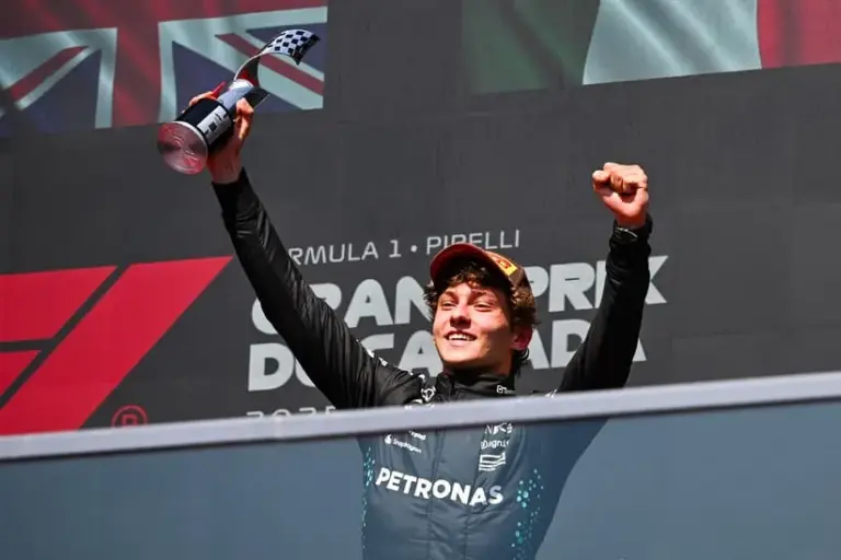 Jun 15, 2025; Montreal, Quebec, Canada; Third place Mercedes driver Kimi Antonelli (12) reacts after receiving his trophy at the F1 Canadian Grand Prix at Circuit Gilles-Villeneuve.
