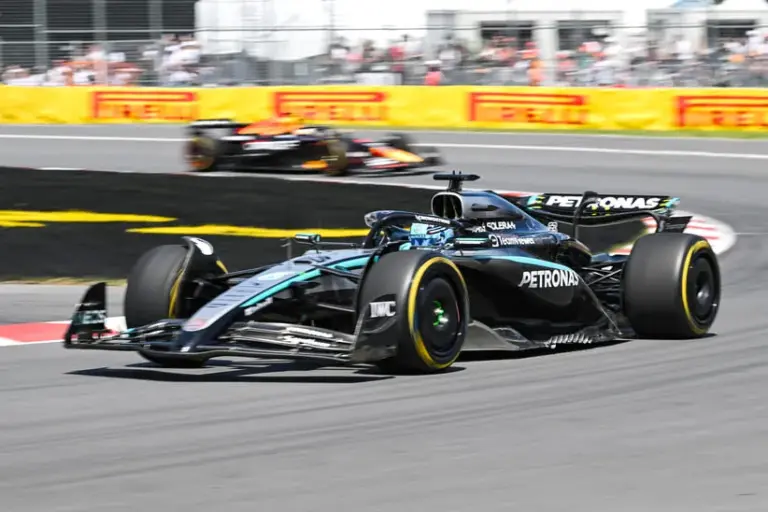 Jun 15, 2025; Montreal, Quebec, Canada; Mercedes driver George Russell (63) during the F1 Canadian Grand Prix at Circuit Gilles-Villeneuve.