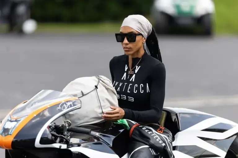 Jun 21, 2025; Dinwiddie, VA, USA; NHRA pro stock motorcycle rider Dystany Spurlock during qualifying for the Virginia Nationals at Virginia Motorsports Park.