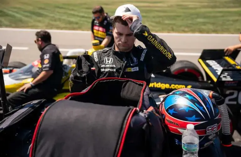 NTT IndyCar Series driver Colton Herta suits up during qualification for the Music City Grand Prix at the Nashville Superspeedway