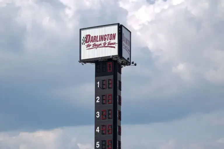 Aug 31, 2025; Darlington, South Carolina, USA; Track signage during the Cookouts Southern 500 at Darlington Raceway.