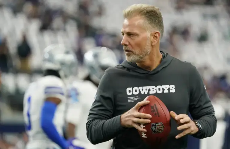 Dallas Cowboys defensive coordinator Matt Eberflus during warmups before a game against the New York Giants at AT&T Stadium.
