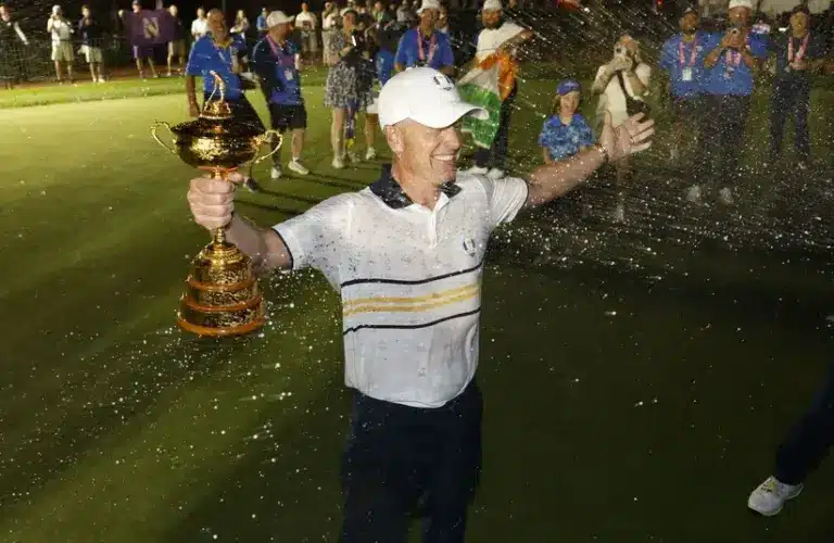 Team Europe captain Luke Donald reacts after defeating Team USA