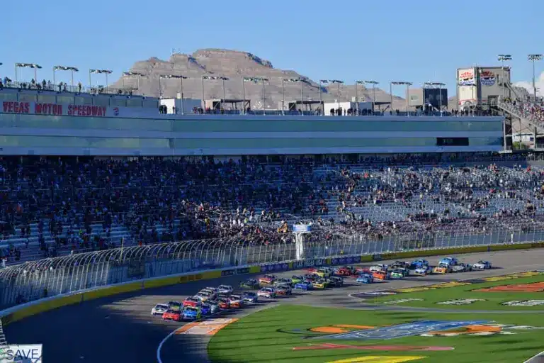 Oct 11, 2025; Las Vegas, Nevada, USA; NASCAR Xfinity Series driver Justin Allgaier (7) leads the field for the start of the Focused Health 302 at Las Vegas Motor Speedway.