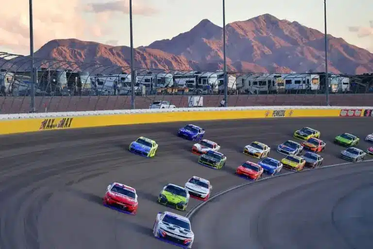 Oct 11, 2025; Las Vegas, Nevada, USA; NASCAR Xfinity Series driver Connor Zilisch (88) leads the field during the restart of the Focused Health 302 at Las Vegas Motor Speedway.