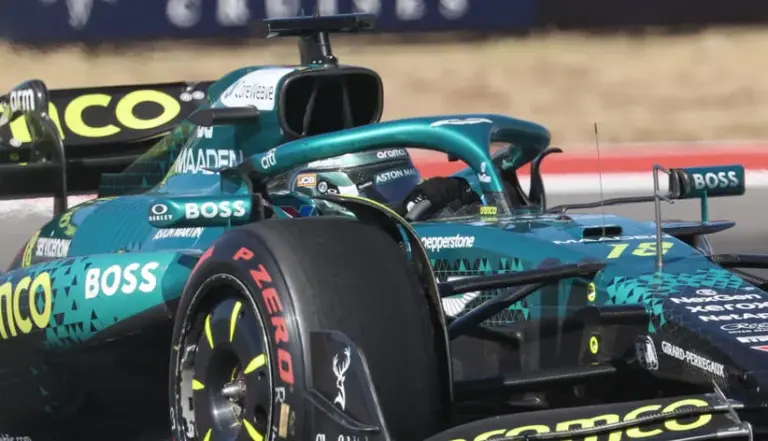 Oct 19, 2025; Austin, TX, USA; Aston Martin Armco F1 Team driver Lance Stroll (18) of Team Canada out of turn 22 at Circuit of The Americas Austin. Mandatory Credit: Thomas Shea-Imagn Images