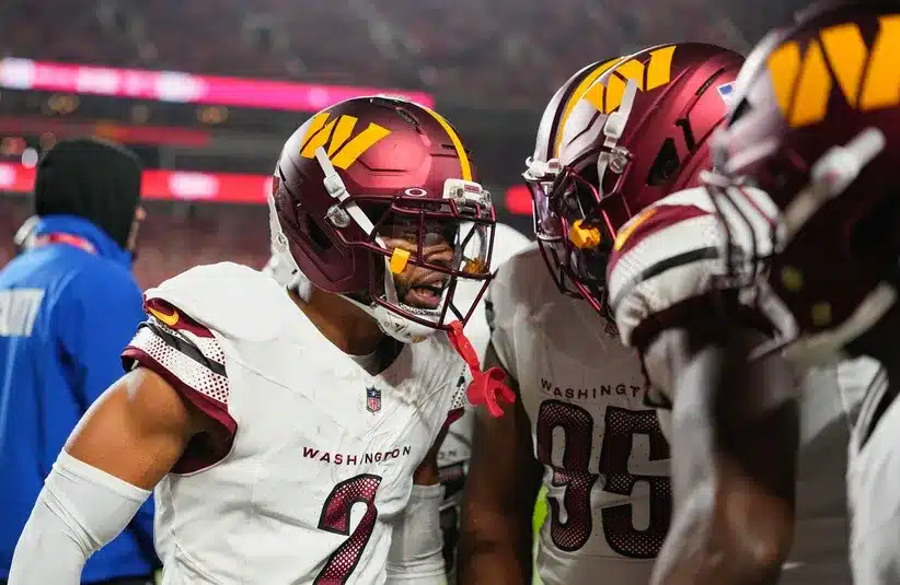 Washington Commanders cornerback Marshon Lattimore (2) celebrates an interception