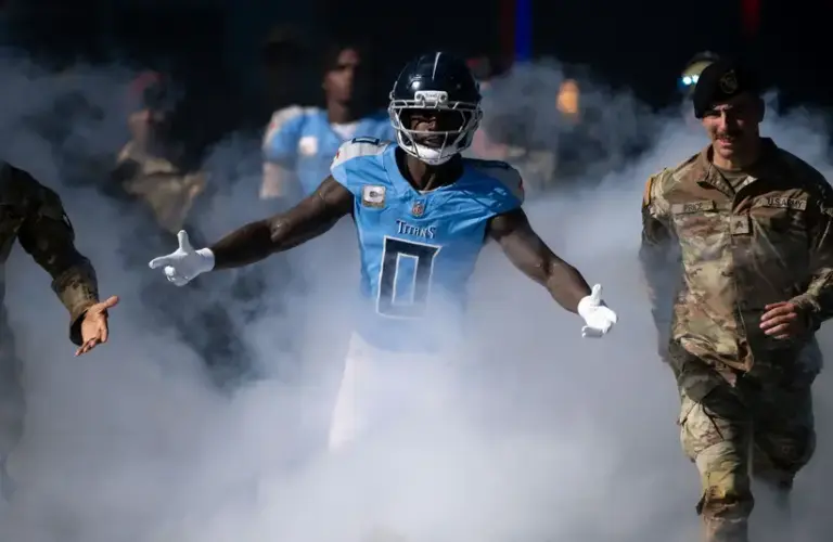 Tennessee Titans wide receiver Calvin Ridley (0) takes the field against the Houston Texans in the first half at Nissan Stadium.