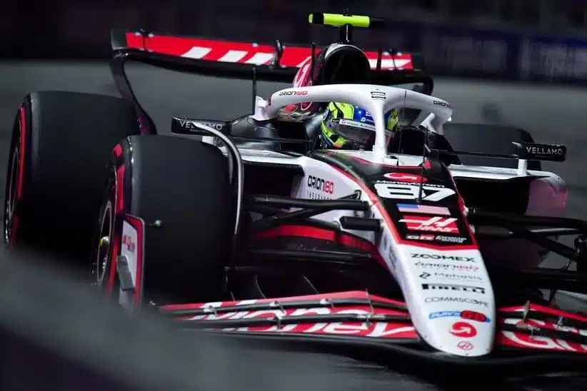 Nov 20, 2025; Las Vegas, NV, USA; Haas F1 Team driver Oliver Bearman (87) during practice for the Las Vegas Grand Prix at Las Vegas