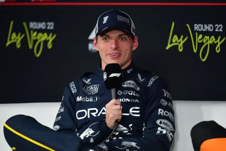 Nov 21, 2025; Las Vegas, NV, USA; Red Bull Racing driver Max Verstappen (1) speaks after qualifying second for the Las Vegas Grand Prix at Las Vegas Strip Circuit.