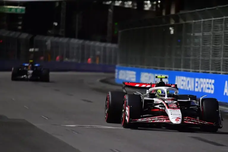 Nov 21, 2025; Las Vegas, NV, USA; Haas F1 Team driver Oliver Bearman (87) during practice for the Las Vegas Grand Prix at Las Vegas Strip Circuit.