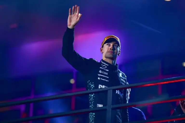 Nov 21, 2025; Las Vegas, NV, USA; Mercedes driver George Russell (63) reacts following his third place finish the Las Vegas Grand Prix at Las Vegas Strip Circuit.