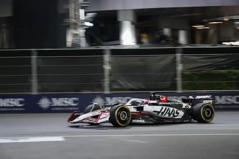 Nov 22, 2025; Las Vegas, NV, USA; Haas F1 Team driver Esteban Ocon (31) drives during the Las Vegas Grand Prix at the Las Vegas Strip Circuit.