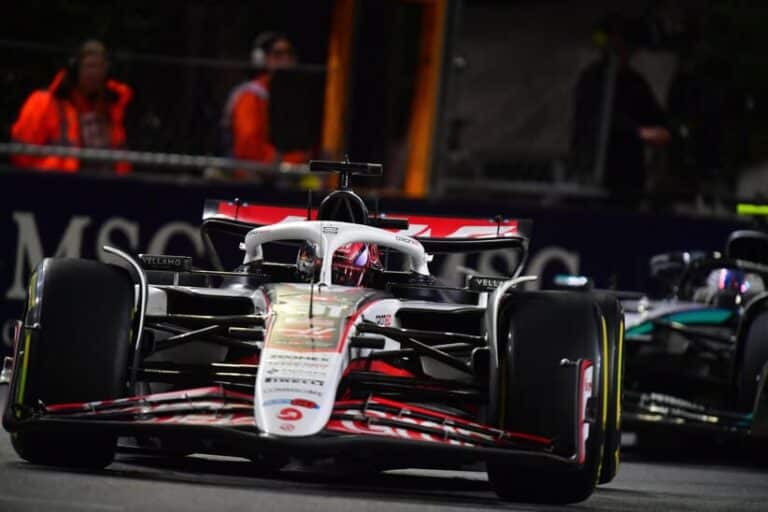 Nov 21, 2025; Las Vegas, NV, USA; Haas F1 Team driver Esteban Ocon (31) during the Las Vegas Grand Prix at Las Vegas Strip Circuit. Mandatory Credit: Gary A. Vasquez-Imagn Images