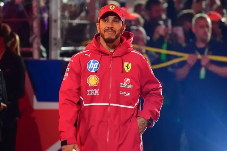 Nov 21, 2025; Las Vegas, NV, USA; Ferrari driver Lewis Hamilton (44) is introduced before the Las Vegas Grand Prix at Las Vegas Strip Circuit.
