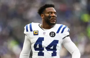 Indianapolis Colts linebacker Zaire Franklin (44) stands on the sideline, Green Bay Packers