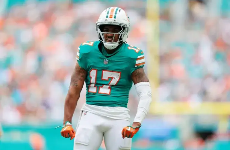 Miami Dolphins wide receiver Jaylen Waddle (17) reacts during the second quarter