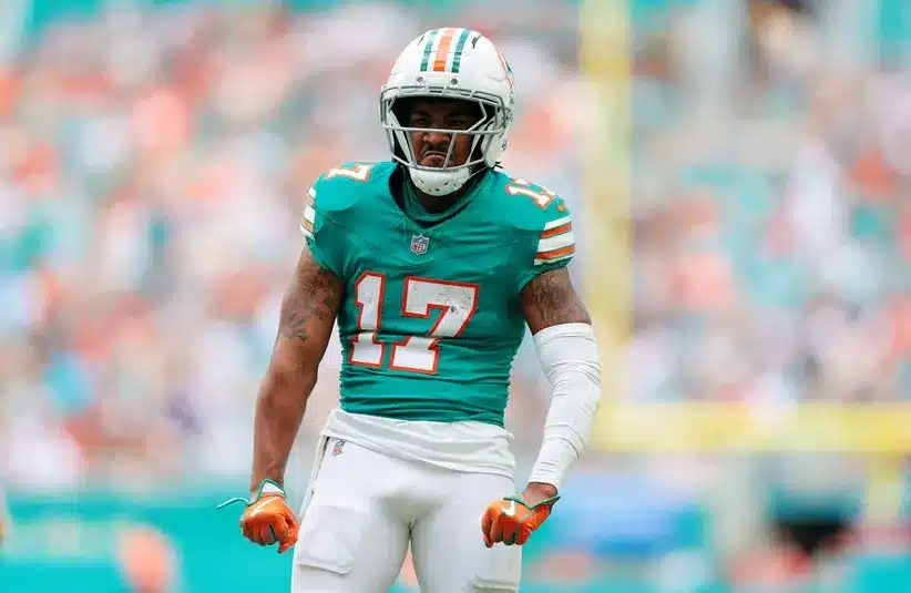 Miami Dolphins wide receiver Jaylen Waddle (17) reacts during the second quarter