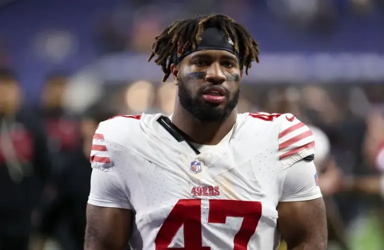San Francisco 49ers defensive end Bryce Huff (47) leaves the field.