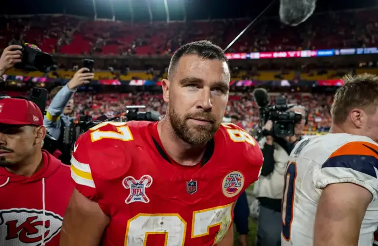 Travis Kelce (87) of the Kansas City Chiefs after a game at GEHA Field at Arrowhead Stadium.