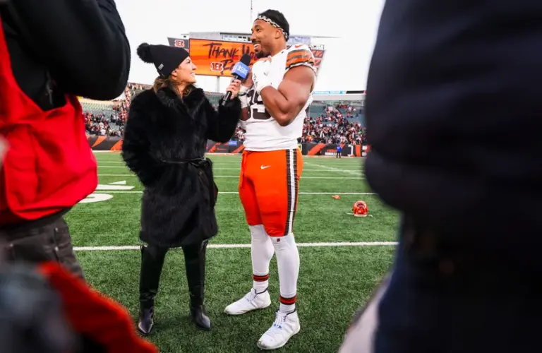 Cleveland Browns defensive end Myles Garrett participates in an interview following a victory against the Cincinnati Bengals at Paycor Stadium.