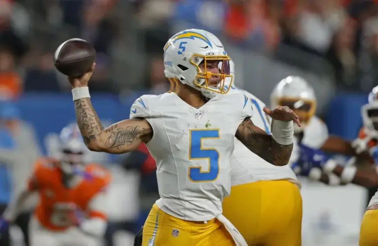 Los Angeles Chargers quarterback Trey Lance (5) throws the ball