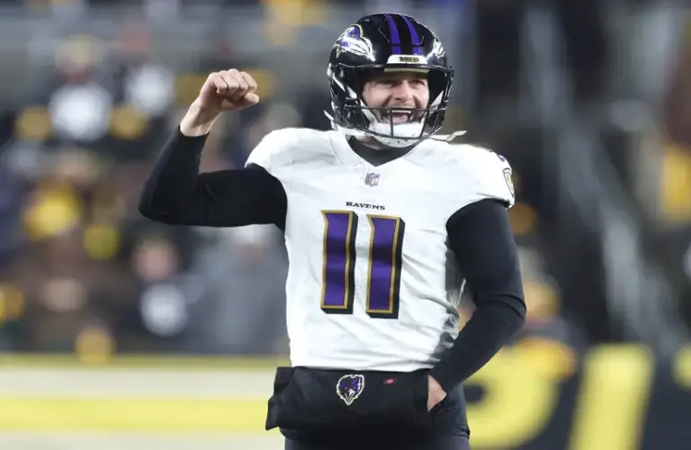 Baltimore Ravens punter Jordan Stout (11) reacts during the fourth quarter against the Pittsburgh Steelers at Acrisure Stadium.
