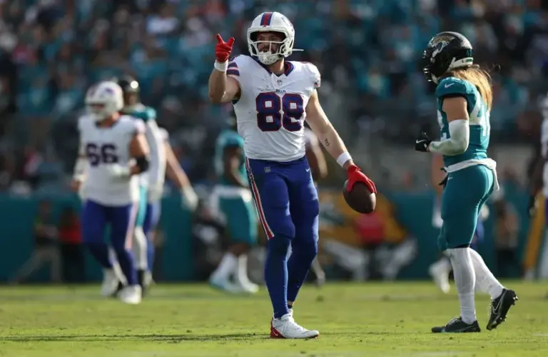 Buffalo Bills tight end Dawson Knox (88) reacts during the second half
