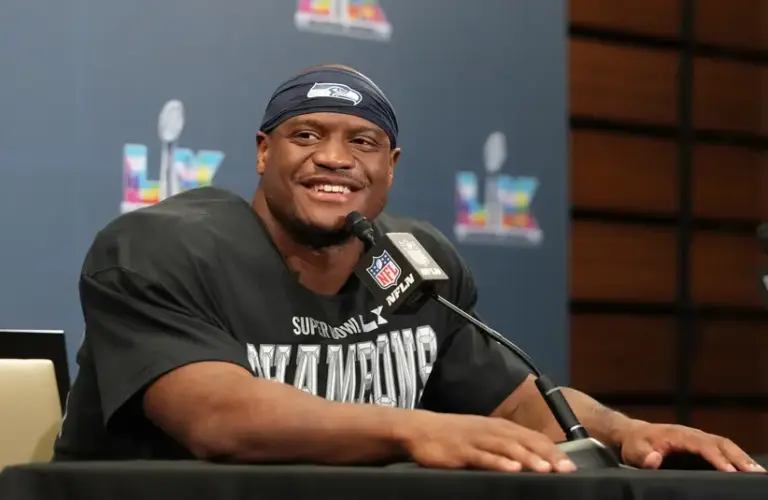 Kenneth Walker III (9) of the Seattle Seahawks speaks during a press conference after defeating the New England Patriots in Super Bowl LX at Levi's Stadium.