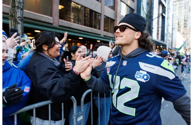 Drake Thomas during Super Bowl Parade in Seattle