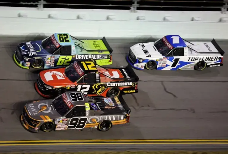 Darlington; February 13, 2026; Daytona Beach, Florida, USA; NASCAR Truck Series driver Jake Garcia (98) races Brenden Queen (12), John Hunter Nemecheck (62) and Taylor Gray (1) during the Craftsman Truck series Fresh From Florida 250 at Daytona International Speedway.