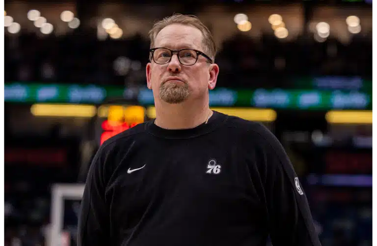 76ers HC Nick Nurse looks on against the Pelicans