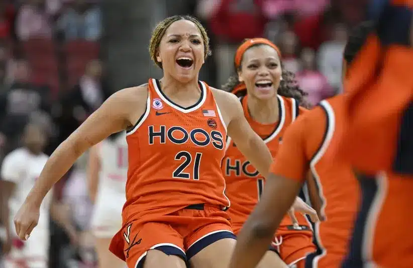 Virginia Cavaliers guard Kymora Johnson (21) celebrates