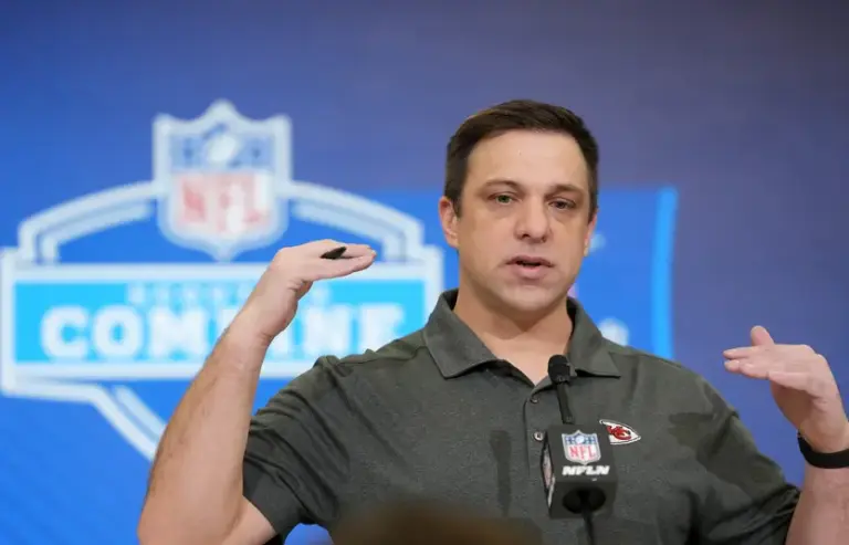 Chiefs general manager Brett Veach speaks at the NFL Scouting Combine at the Indiana Convention Center.