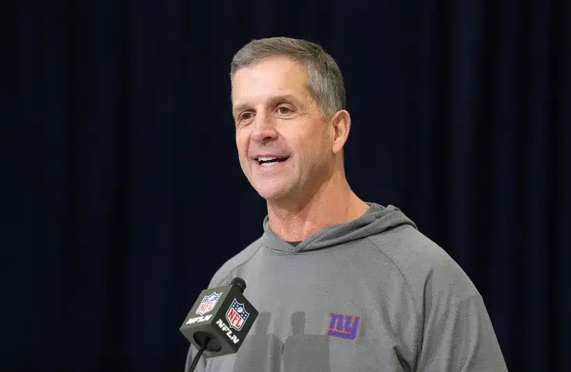 NY Giants coach John Harbaugh speaks at the NFL Scouting Combine