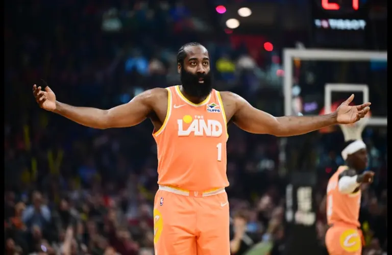Cleveland Cavaliers guard James Harden (1) celebrates after hitting a three point basket against the New York Knicks during the second half at Rocket Arena.