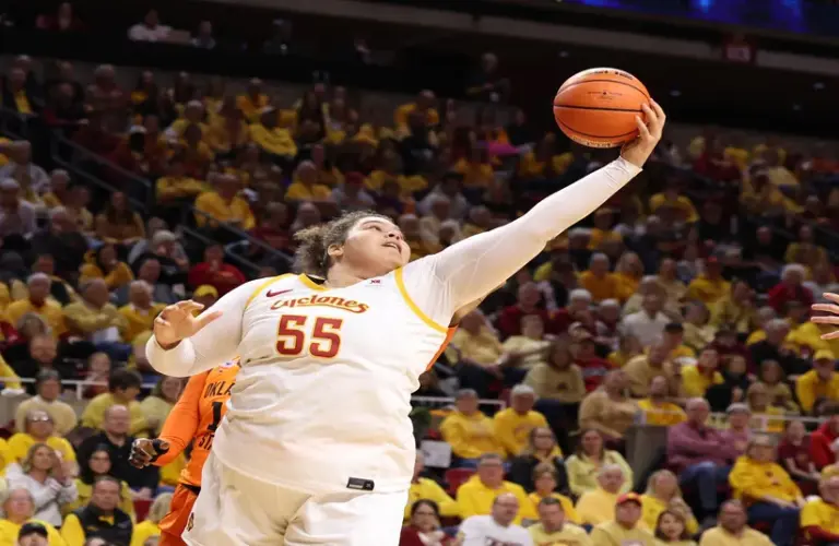 Iowa State Cyclones center Audi Crooks grabs a rebound during a game against Oklahoma St