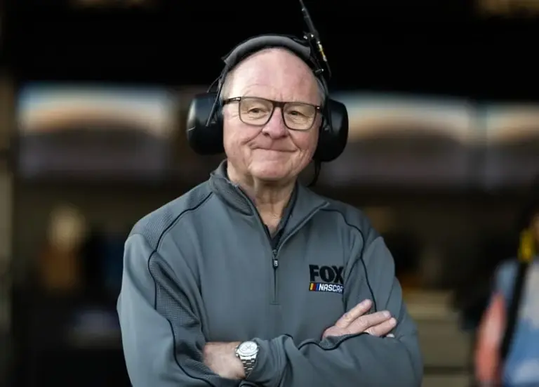 Feb 13, 2026; Daytona Beach, Florida, USA; Fox Sports analyst Larry McReynolds during NASCAR Cup Series practice for the Daytona 500 at Daytona International Speedway.