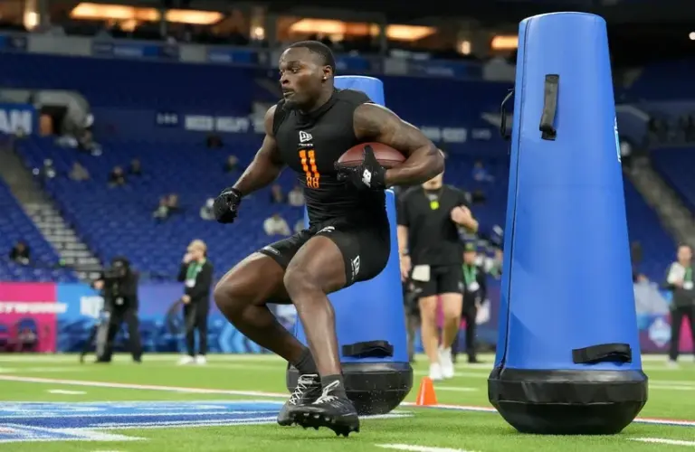 Notre Dame running back Jeremiyah Love (RB11) during the NFL Scouting Combine