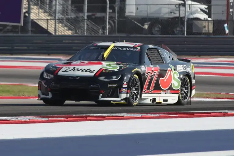Feb 28, 2026; Austin, Texas, USA; NASCAR Cup Series driver Carson Hocevar (77) during practice for the DuraMAX Texas Grand Prix Powered by RelaDyne at Circuit of the Americas.