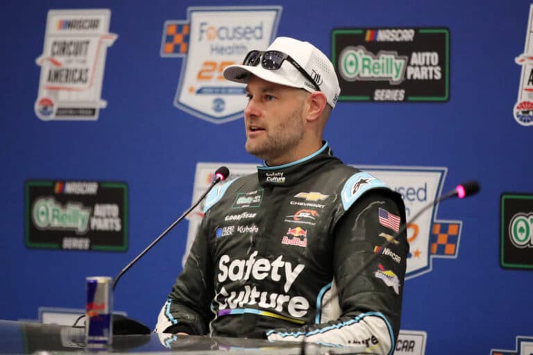 Feb 28, 2026; Austin, Texas, USA; O’Reilly NASCAR O’Reilly Auto Parts Series driver Shane Van Gisbergen (9) takes questions from the media after winning the NASCAR O’Reilly Auto Parts Series Focused Health 250 at Circuit of the Americas.
