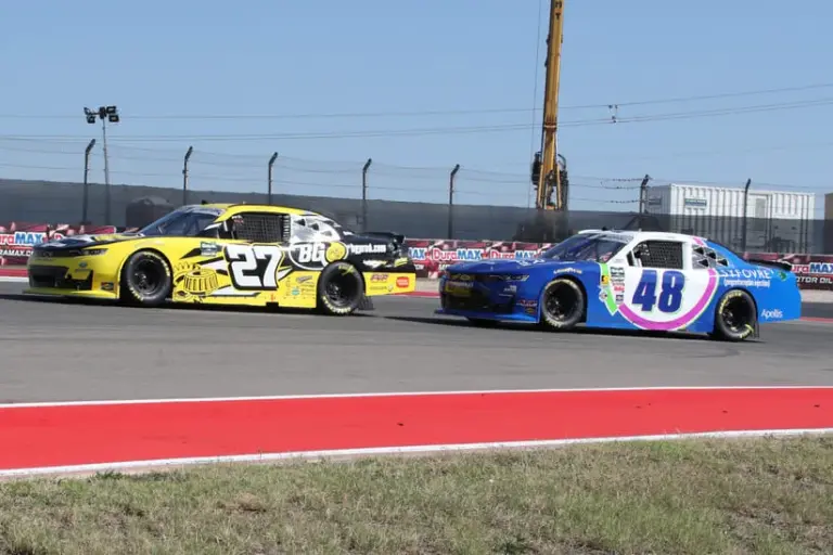 Finishing Order; Feb 28, 2026; Austin, Texas, USA; O’Reilly NASCAR O’Reilly Auto Parts Series driver Jeb Burton (27) and O’Reilly NASCAR O’Reilly Auto Parts Series driver Patrick Staropoli (48) during the NASCAR O’Reilly Auto Parts Series Focused Health 250 at Circuit of the Americas.
