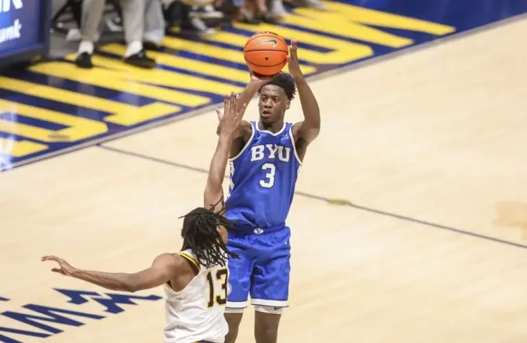 BYU Cougars forward AJ Dybantsa (3) shoots a three pointer