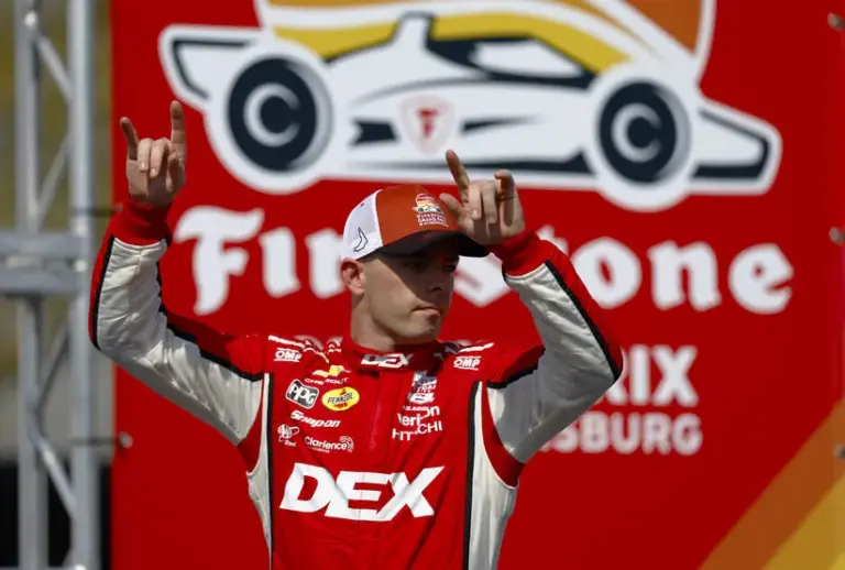 Fast 6; Mar 1, 2026; St. Petersburg, Florida, USA; Team Penske driver Scott McLaughlin (3) celebrates a second place finish at the NTT Indycar Series at the Firestone Grand Prix on the Streets of St. Petersburg.
