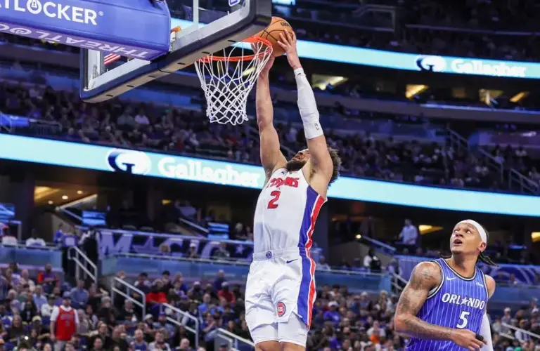 Detroit Pistons guard Cade Cunningham (2) dunks during the first quarter against the Orlando Magic.