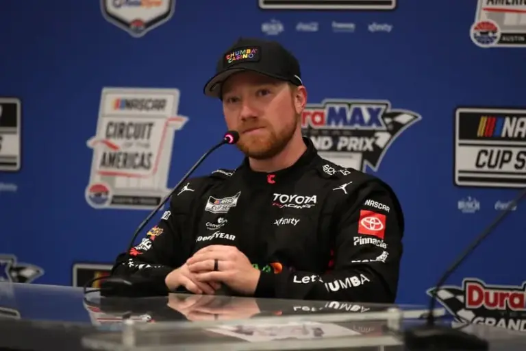 Mar 1, 2026; Austin, Texas, USA; NASCAR Cup Series driver Tyler Reddick (45) addresses the media after winning the NASCAR Cup Series Duramax Texas Grand Prix Powered by RelaDyne at Circuit of the Americas.