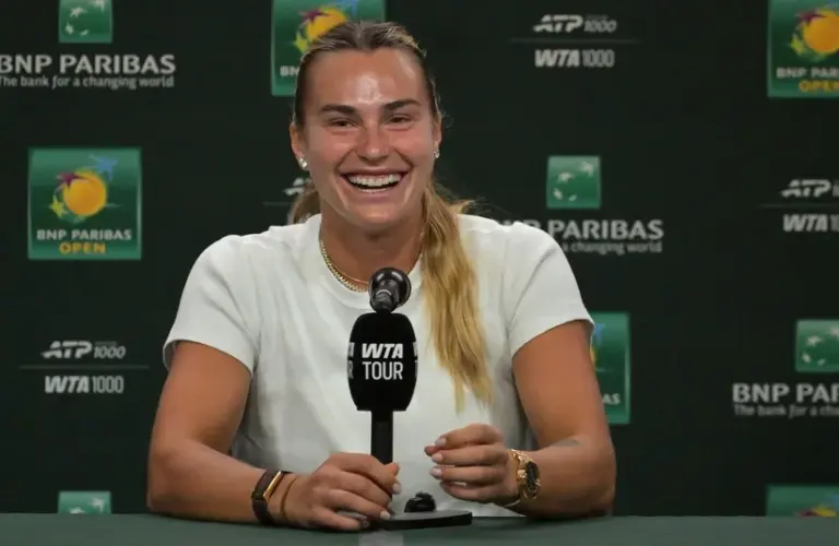 Sabalenka laughing in the press conference