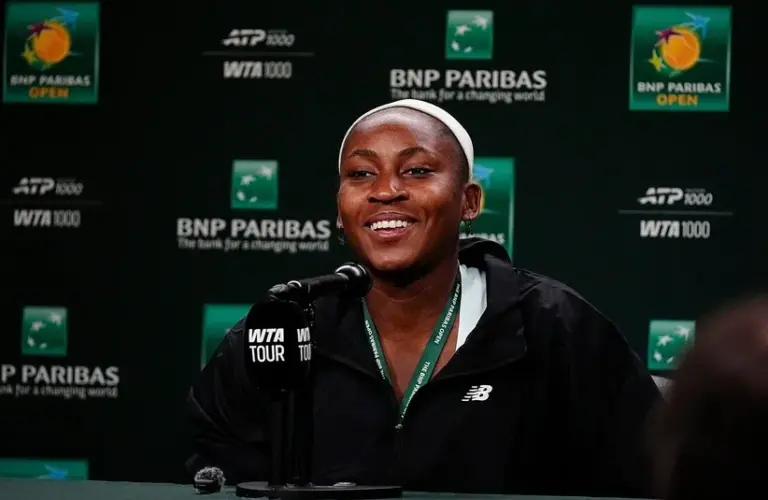 Coco Gauff speaks to the media ahead of the BNP Paribas Open main draw